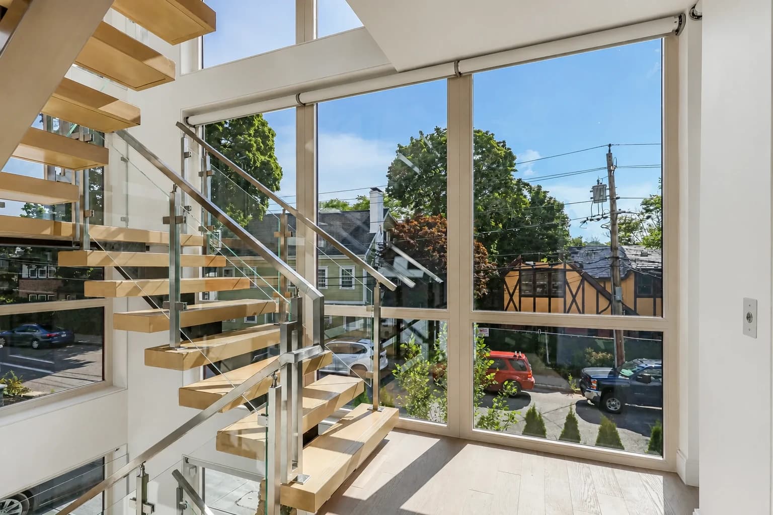 Floating stair and glass detail in a contemporary residence